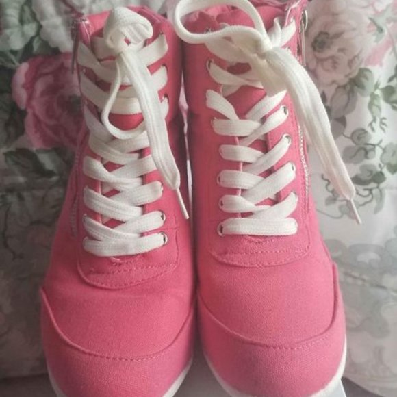 Neon Pink Hidden Wedge Heel Sneakers - Picture 2 of 2